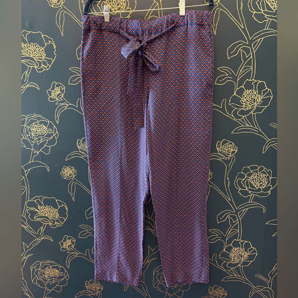 Tory Burch Talia Silk Geometric Print Pants Drawstring Size 12 Royal Blue/Orange